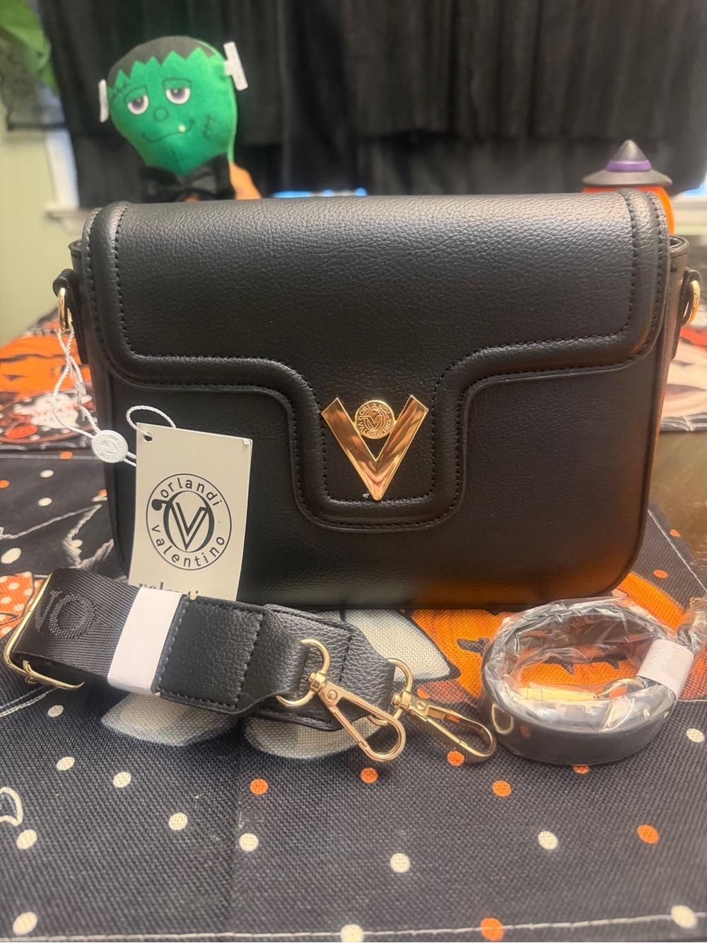 Valentino Orlandi Black Leather Crossbody with Gold V Emblem